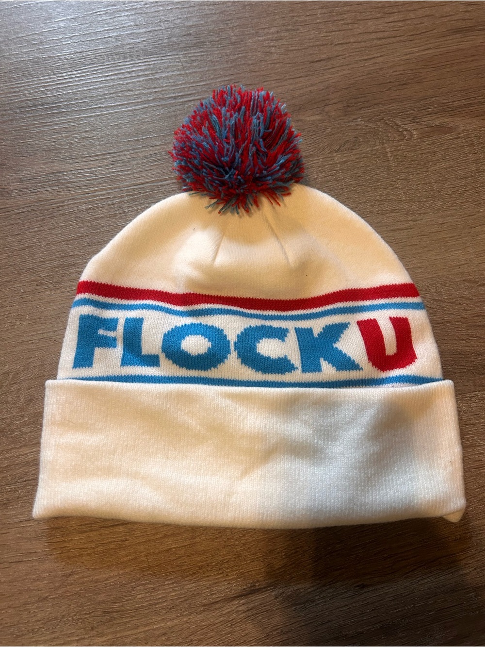 Comical Pom Beanie Hat - White with Red & Blue